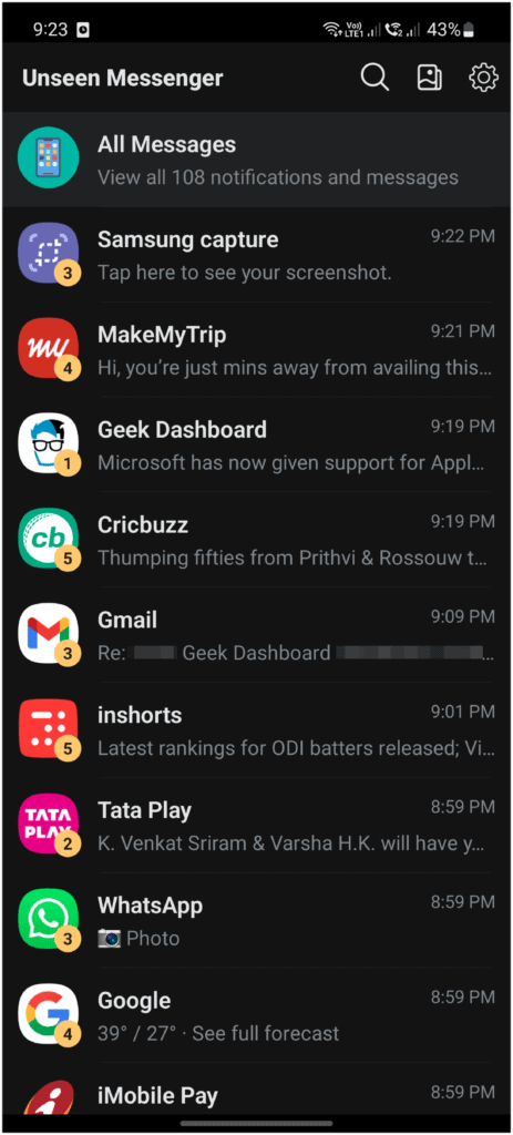 Unseen Messenger - Home Screen Dark Mode