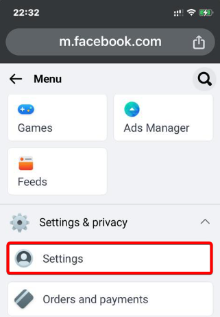 Settings Facebook option